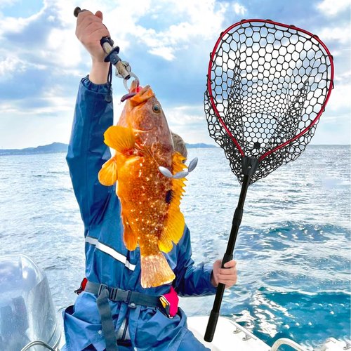SEASPRO Telescoping Aluminum Alloy Fishing Net - Adjustable Length and Rubber net (Red)