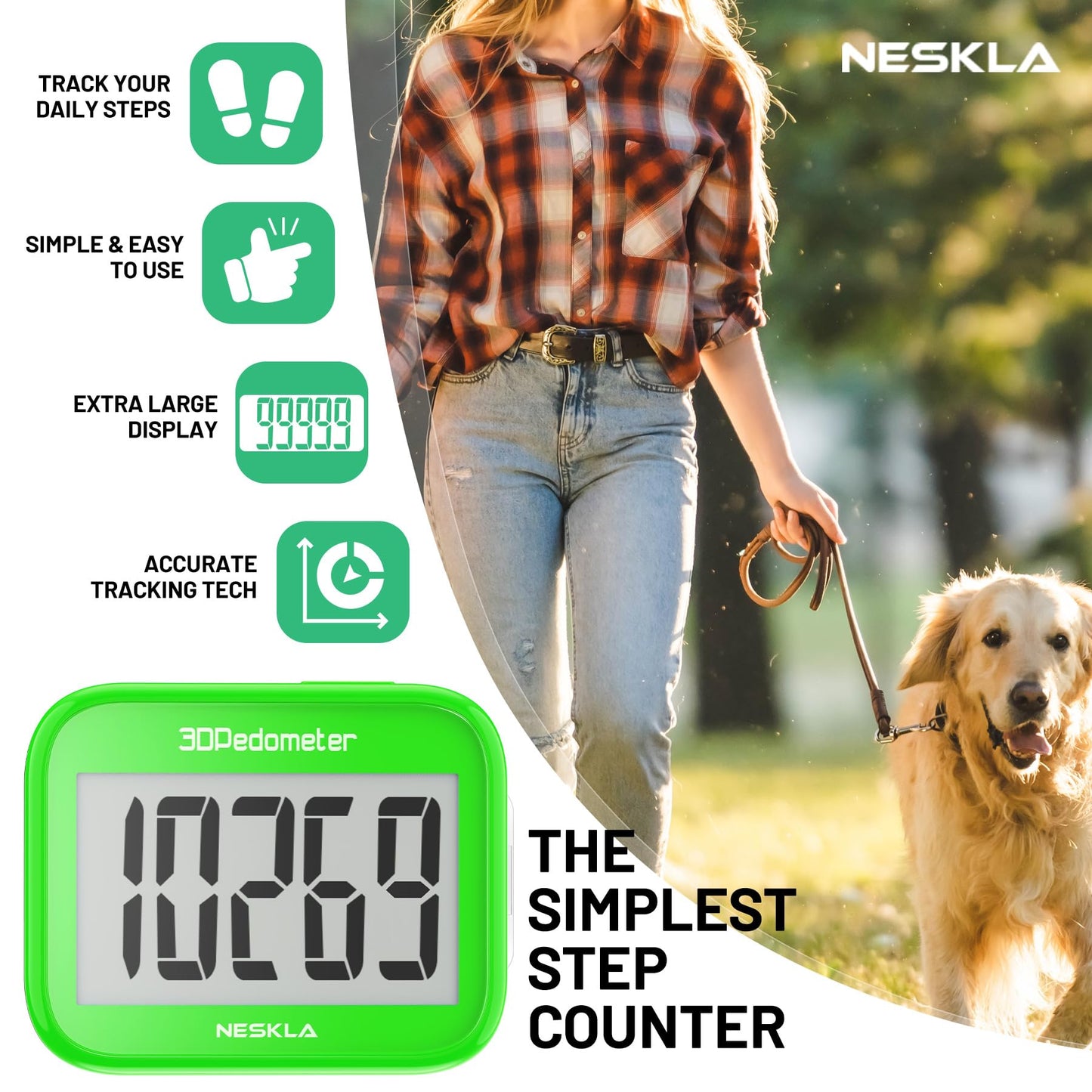 NESKLA 3D Pedometer for Walking, Simple Step Counter with Large Digital Display, Step Tracker with Removable Clip Lanyard, Accurately Track Steps for Men Women Kids Adults Seniors-Green