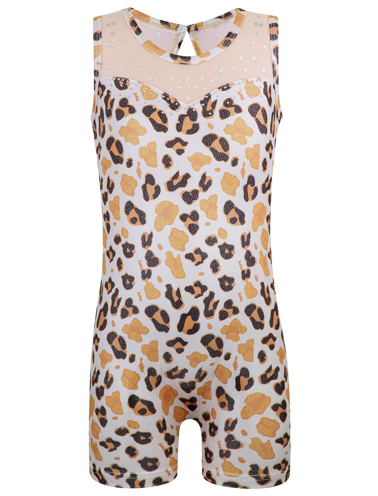 HOZIY Leotards for Girls Gymnastics Mesh Neckline with Iridescent Rhinestones Back Cut Out Sleeveless Size 6-7 Years Leopard Biketard Shorts Tumbling Outfits Kids Sparkly Shiny