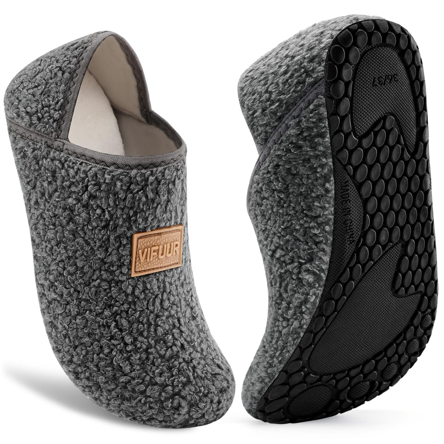 VIFUUR House Slippers for Women Men Slip on Indoor Barefoot Slipper Socks Fuzzy Cozy Sock Shoes for Home Bedroom Travel Grey,38/39