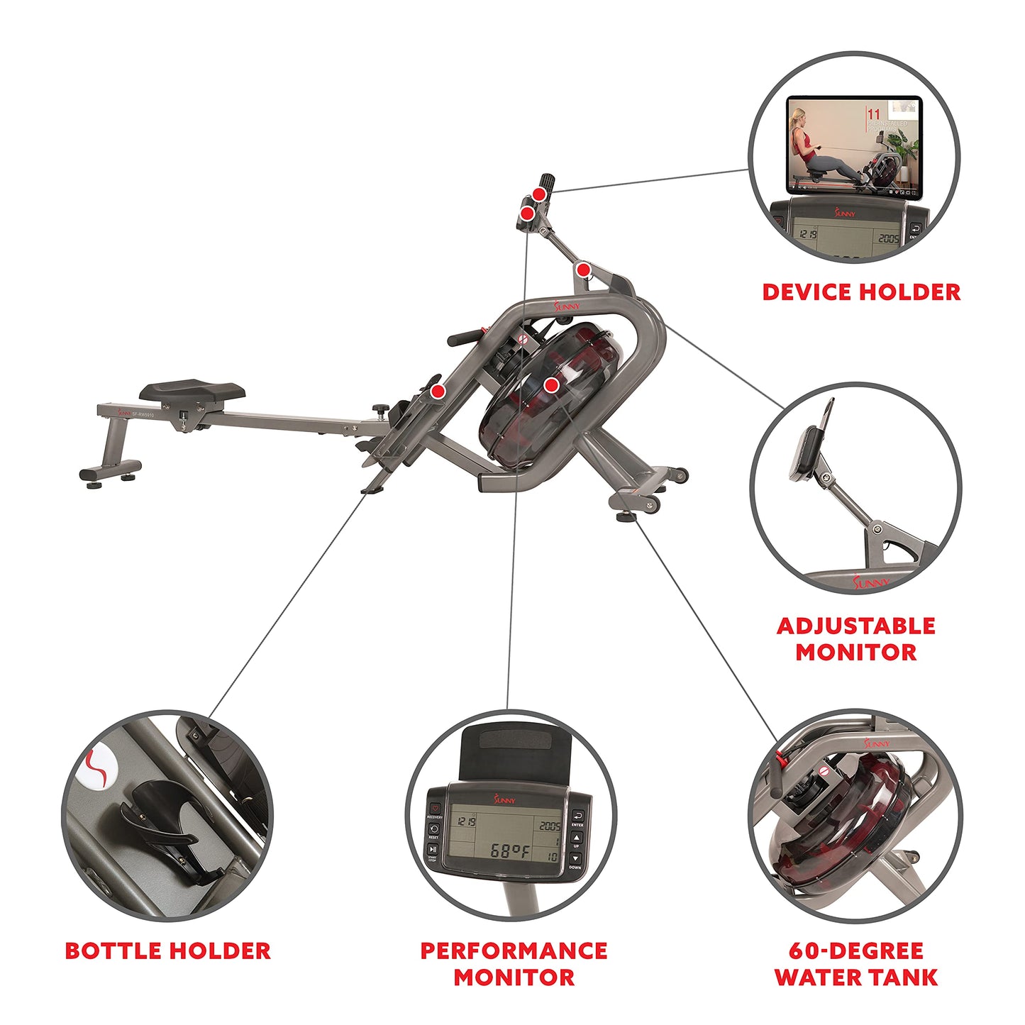 Sunny Health & Fitness Phantom Hydro Water Rower for Full-Body Cardio