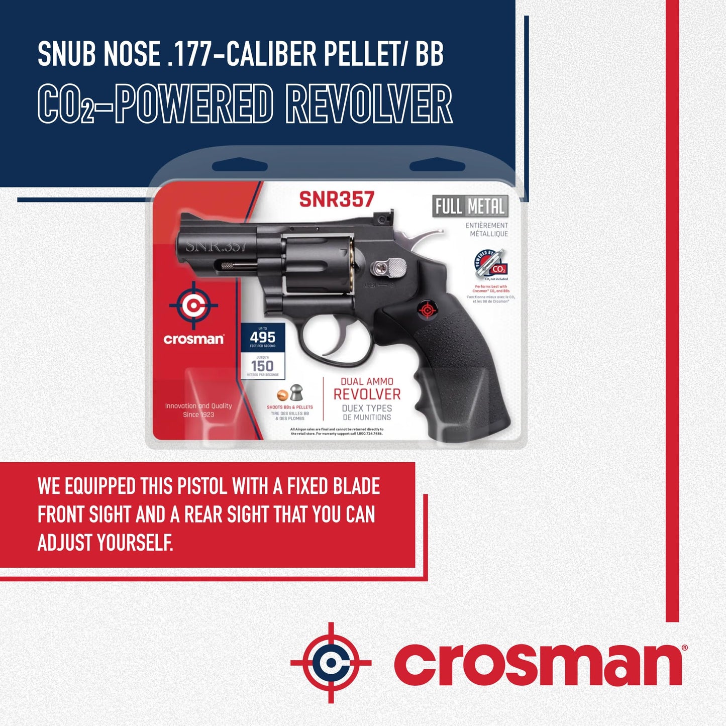 Crosman SNR357 Snub Nose CO2 Revolver for Pellets and BBs - Dual Ammo 6-Shot Swing Out Cylinder, Full Metal Body, Adjustable Sights - Black/Grey