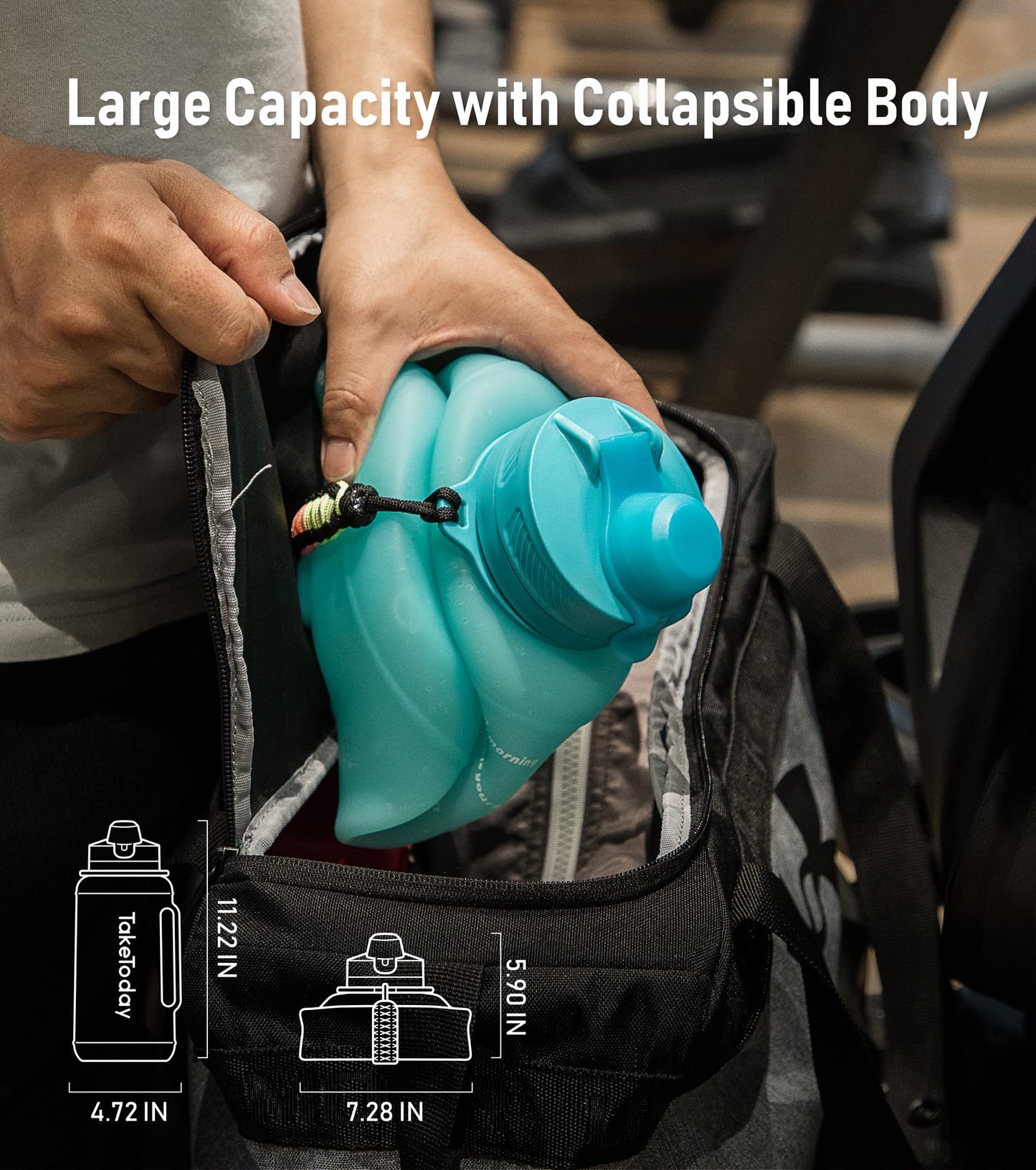TakeToday 68 oz Collapsible Water Bottles With Straw, Half Gallon Water Bottle With Motivational Time Marker, Large Reusable Silicone Water Jug With Paracord Handle For Sports, Outdoors (Blue)