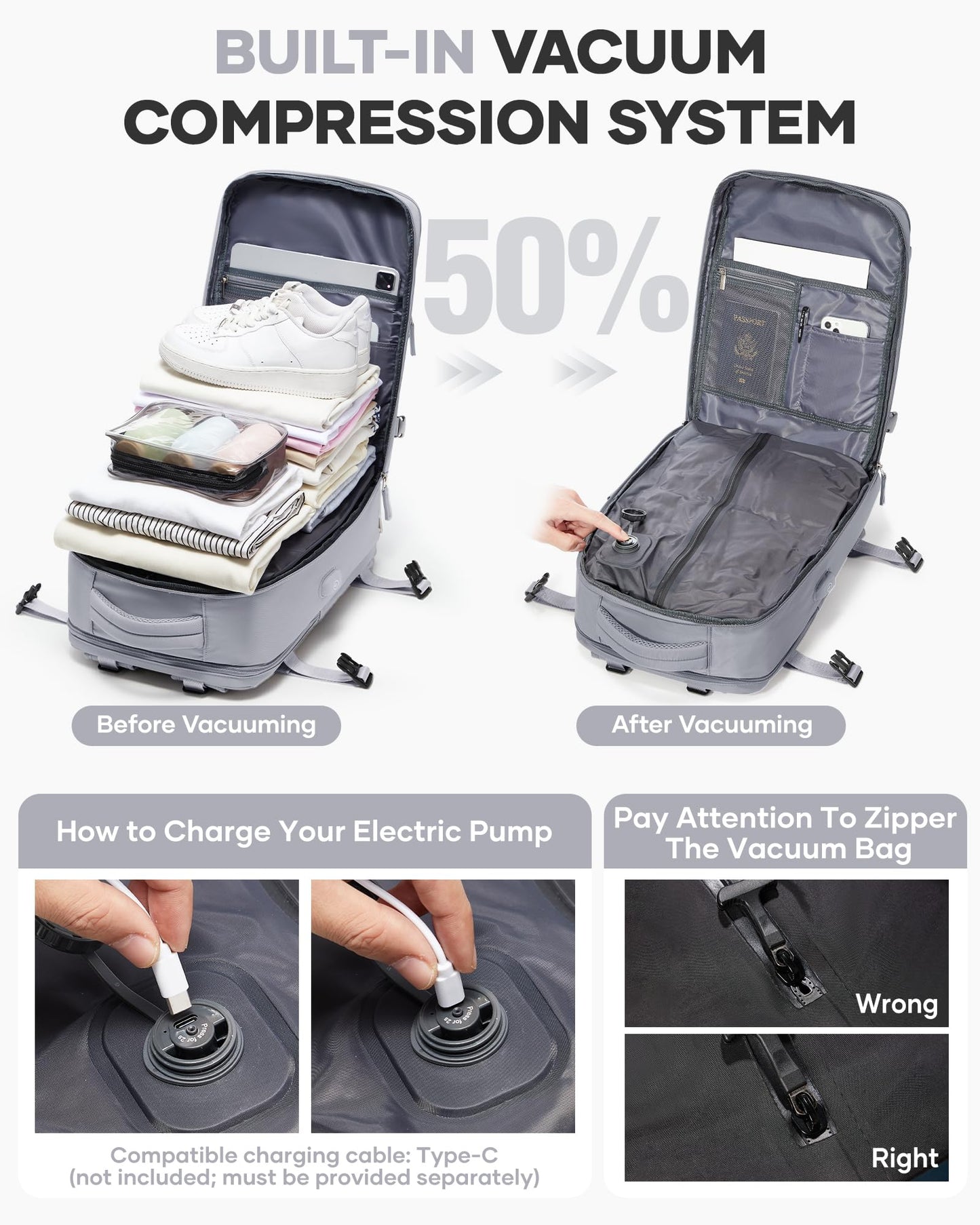 coofay Vacuum Backpack Travel with Pump Vacpack Travel Backpack with Vacuum System Mochila de Viaje Compresion al Vacio Easyvacpack Airbag Backpacks for Traveling Carry on Luggage