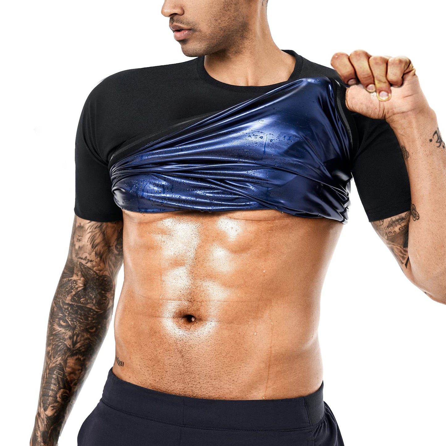 BODYSUNER Sauna Shirt Sweat Vest Suits Waist Trainer for Men Compression Vest Workout Gym Clothes Sweat Enhancer Short Sleeve (Black, M)