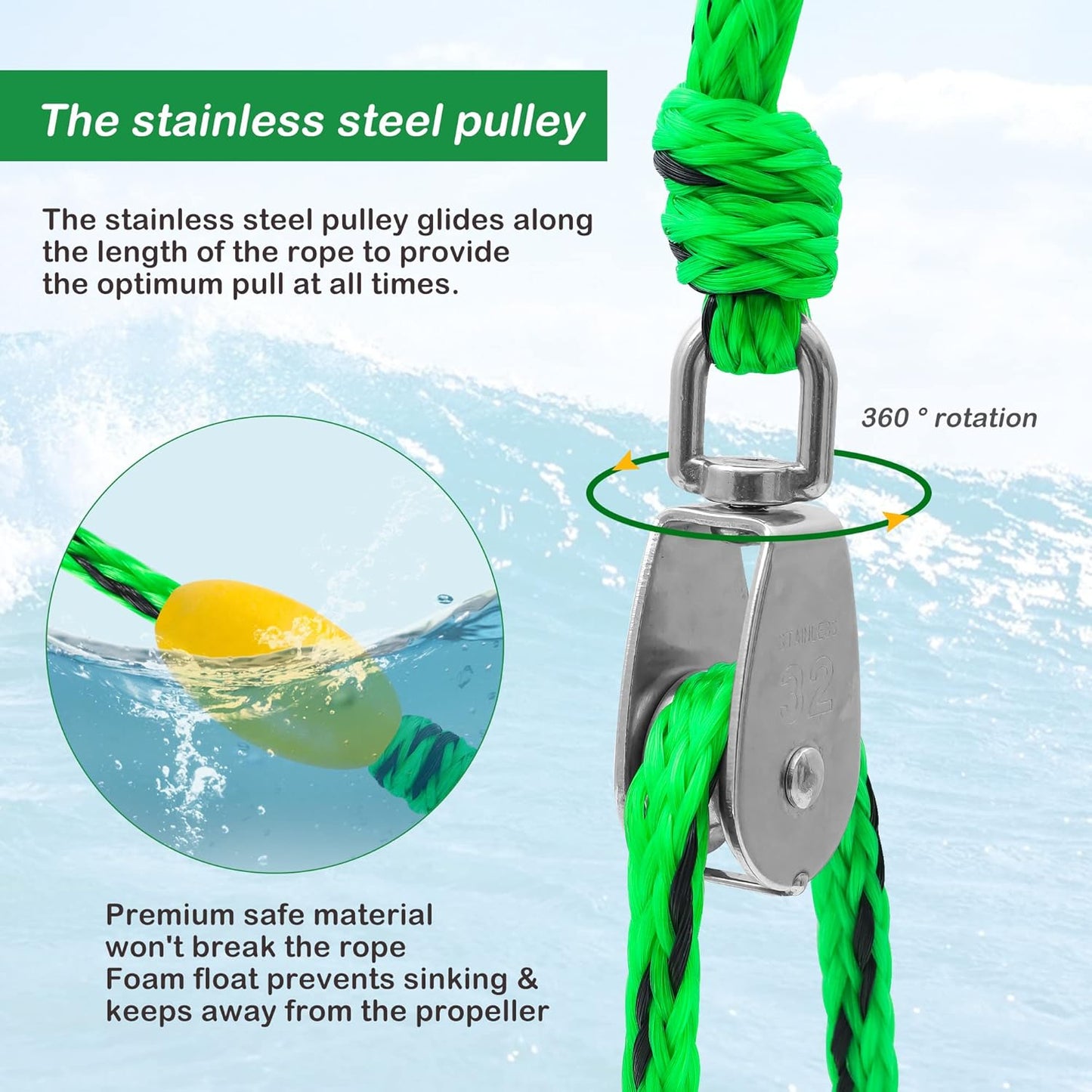 16FT Tow Rope for Tubing Tow Harness with Pulley Water Sport Lines Water Sports Tow Rope Heavy Duty Boat Tow Harness with 2 Stainless Steel Hook