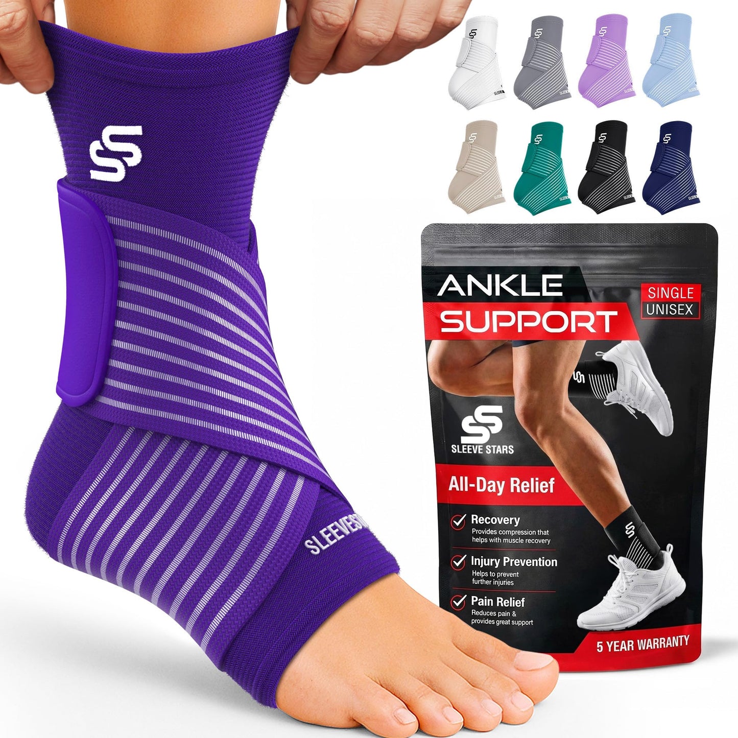 Sleeve Stars Ankle Brace for Women & Men, Ankle Wrap for Sprained Ankle, Compression Sleeve for Plantar Fasciitis Relief, Easy Customizable Support: w/Removable Strap (Single/L:12"-13"/Dark Purple)