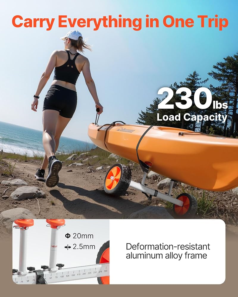 Kayak Cart Dolly 230 lbs Load Capacity with 10" PU Tires, Foldable Canoe & Paddleboard Transport trolley