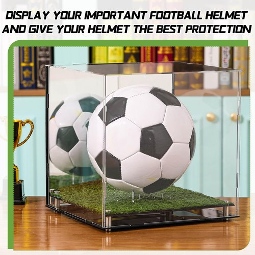 Geelin Soccer Ball Display Case 12" x 11" x 10.5" Acrylic Clear Display Case Box with Mirror Back and Turf Grass, Storage Cube for Soccer Ball Collectibles Sports Memorabilia Collector Gift