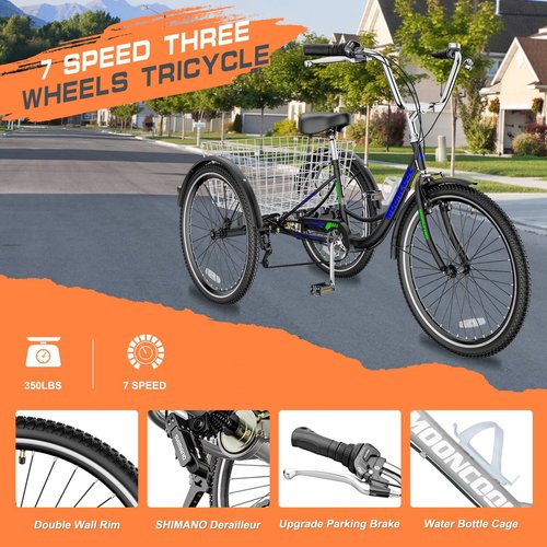 MOONCOOL Adult Tricycles 3 Wheel 7 Speed Trikes, 20/24/26 inch Adult Trikes 3 Wheeled Bike with Basket for Seniors, Women, Men.