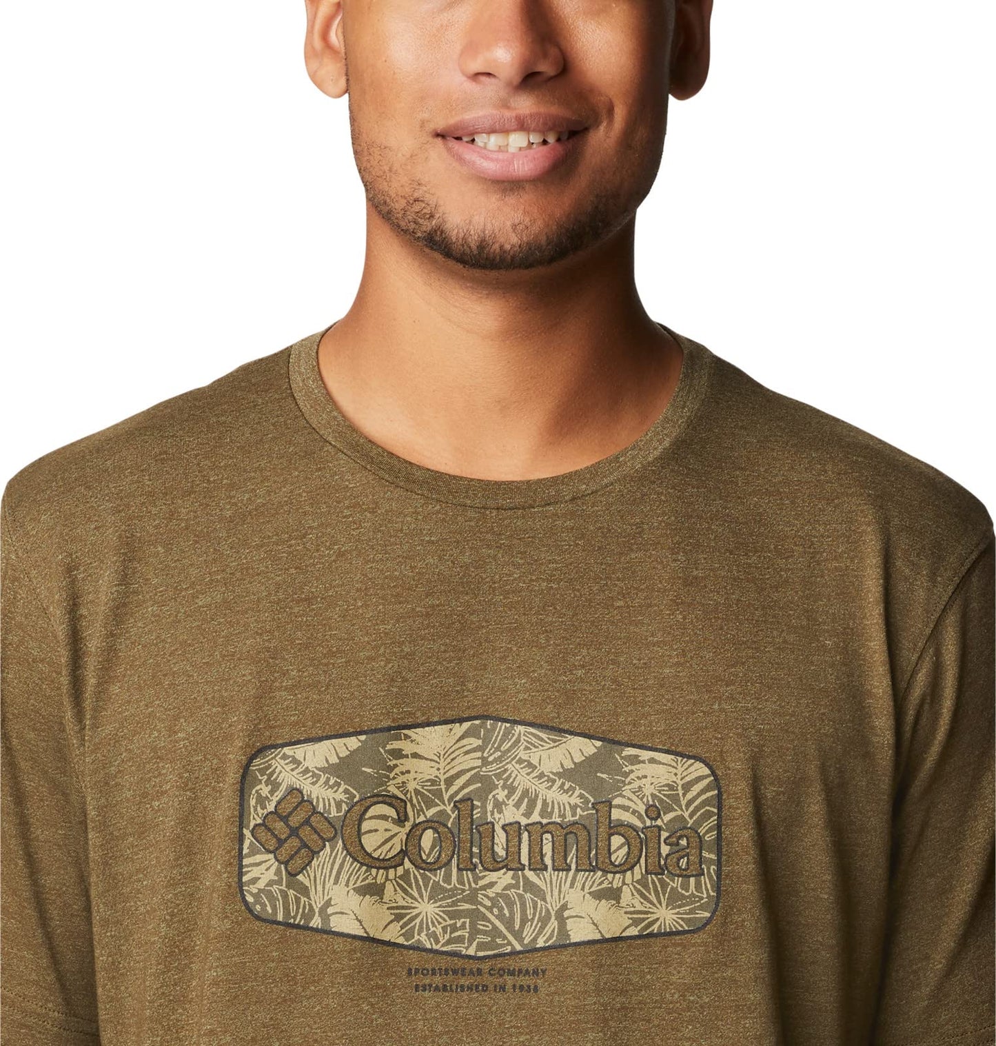 Columbia Men's Thistletown Hills Graphic Short Sleeve, Olive Green Heather/Wanderland Graphic, Medium