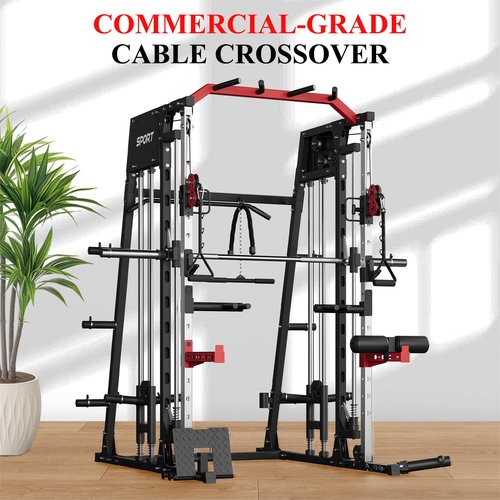 Smith Machine for Home Gym, Multifunctional Strength Training Power Cage with T Bar, Lat-Pull Down System and Cable System, 2200 Lbs Squat Rack with More Training Attachment, Black and Red