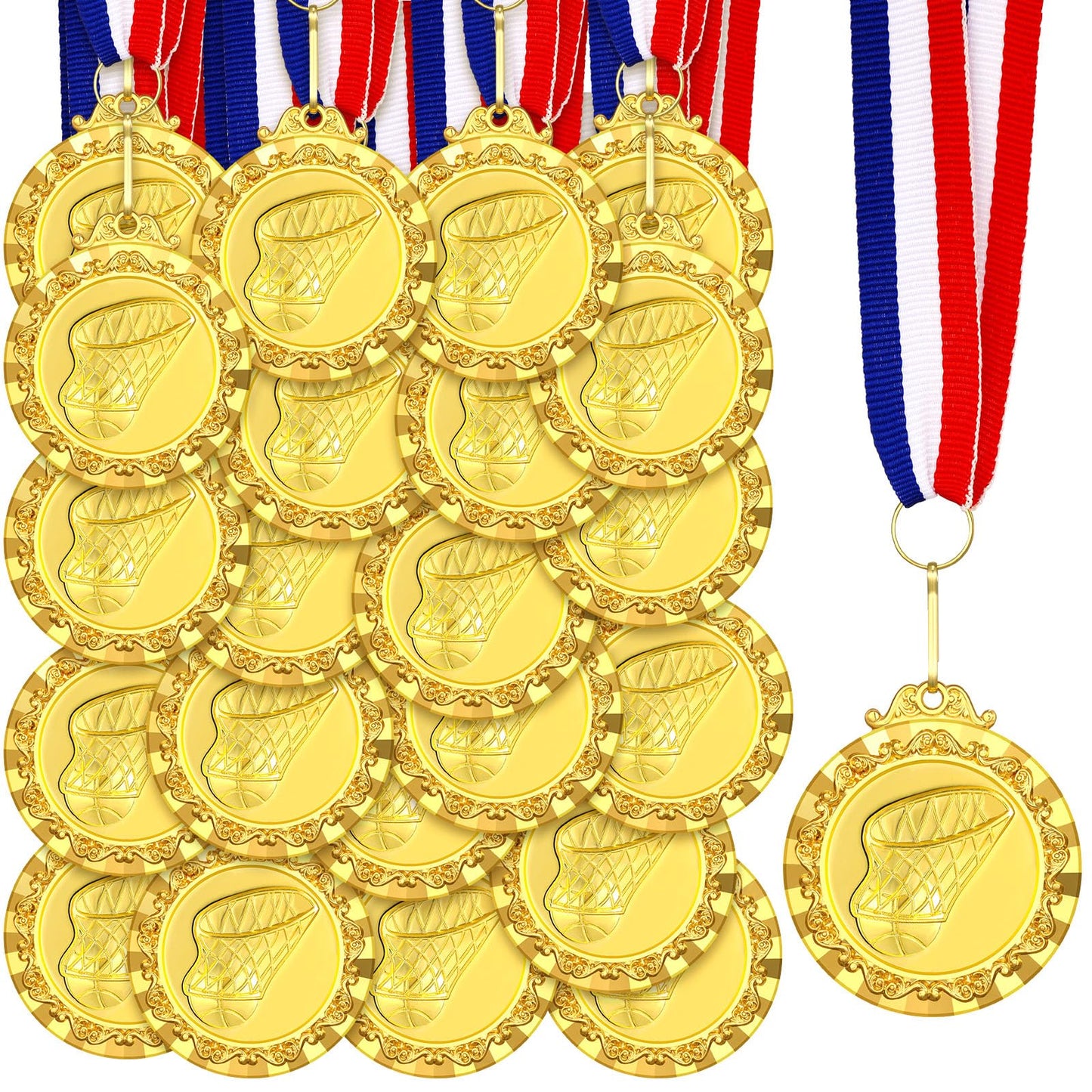 Misdary 36 Pcs Basketball Medals for Kids 2'' Gold Sports Awards Basketball Team Medals Bulk Trophy with Red White Blue Stripes Ribbon for Kids Sports Party Winner Gifts