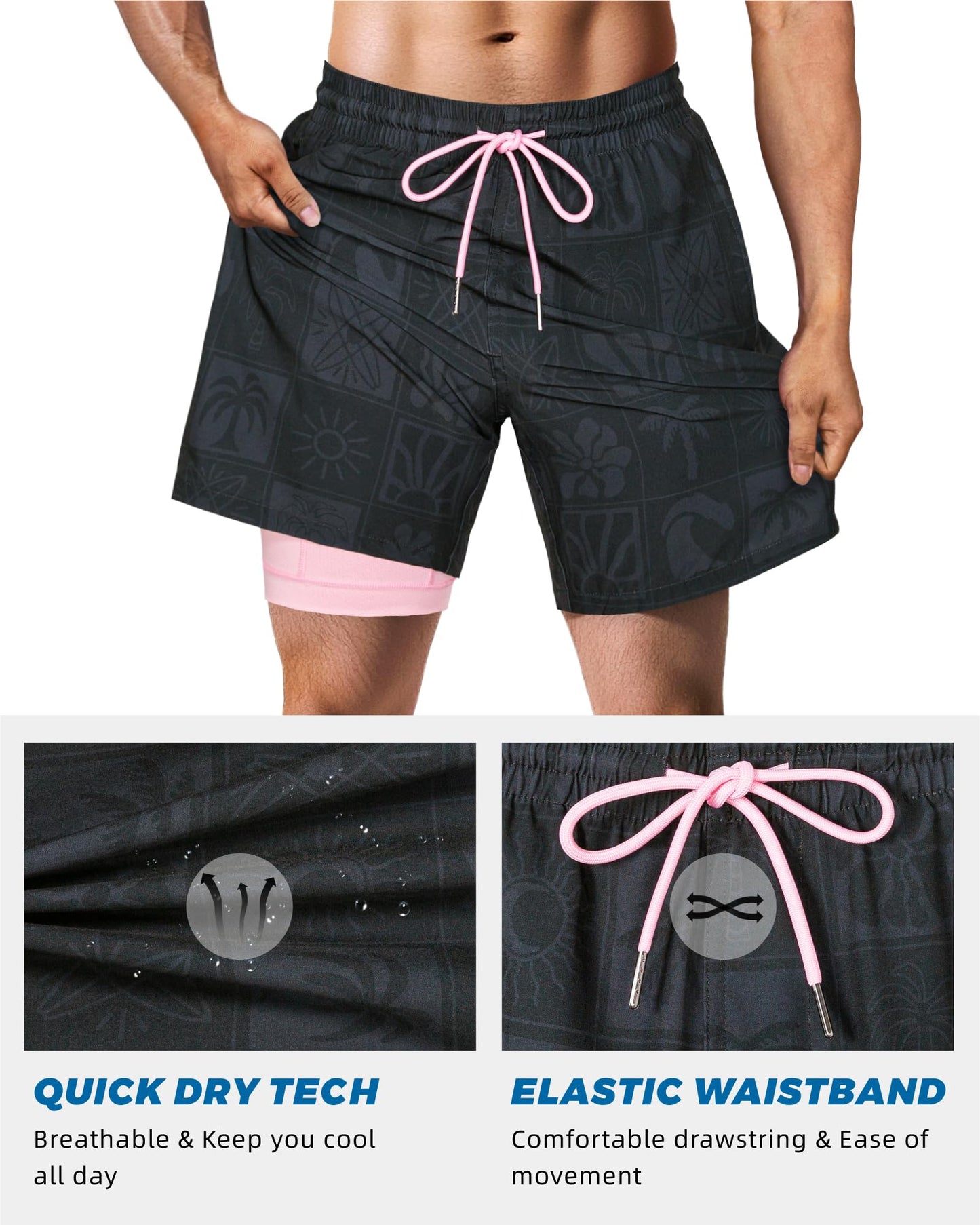 SURF CUZ Mens Swim Trunks with Compression Liner Quick Dry Swim Shorts 7" Swimming Trunks Stretch Bathing Suit 7 Inch,Black Pink,XS