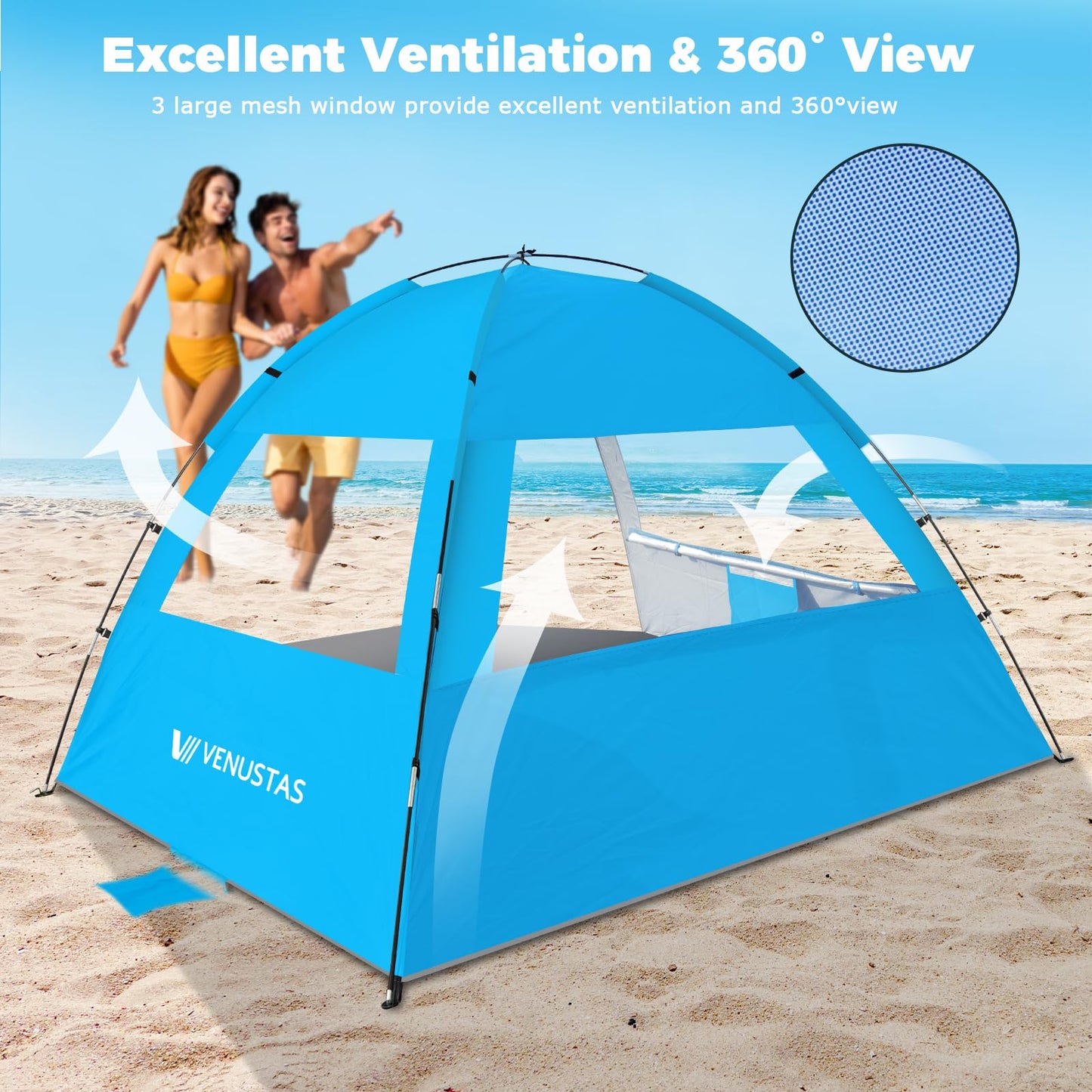 Venustas Beach Tent Sun Shelter for 3/4-5/6-7/8-10 Person, UPF 50+ UV Protection Beach Canopy, Lightweight and Easy Setup Cabana, Portable Beach Shade Tent