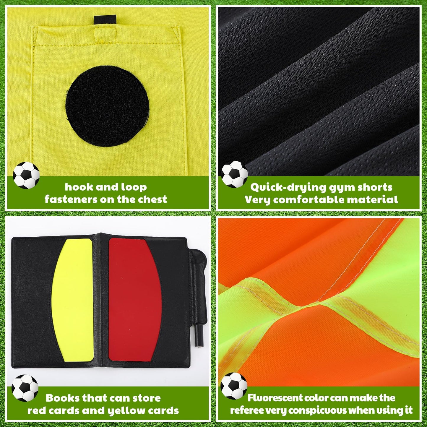 Hicarer 6 Pcs Soccer Referee Kit Football Package for Men Soccer Referee Costume Shirt Linesman Flags Whistle Cards Sport Accessory for Adult Teenager(Small)