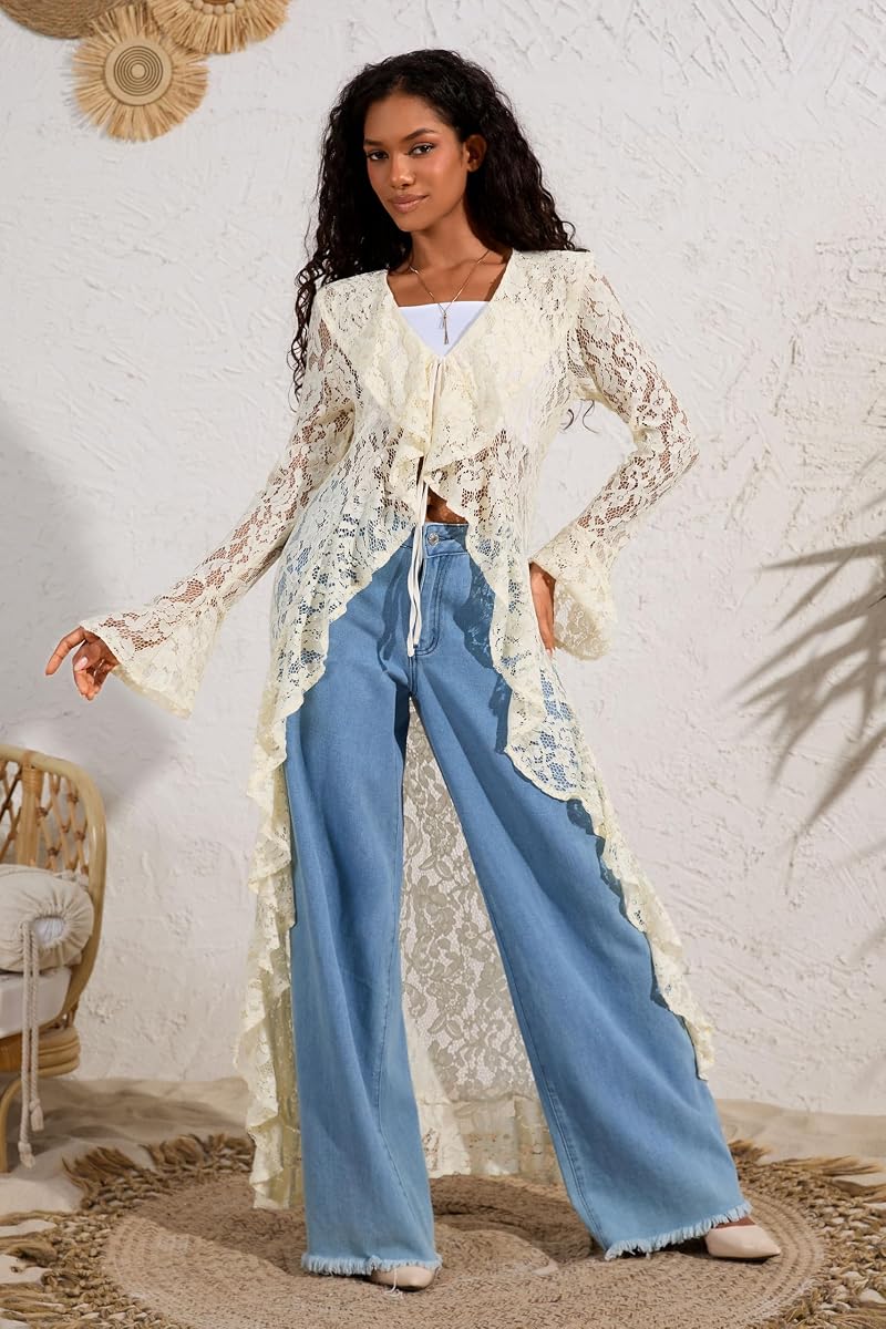 Lace Cardigan for Women Maxi - Open Front Tie Bell Sleeve Duster Cover Up Beige Large