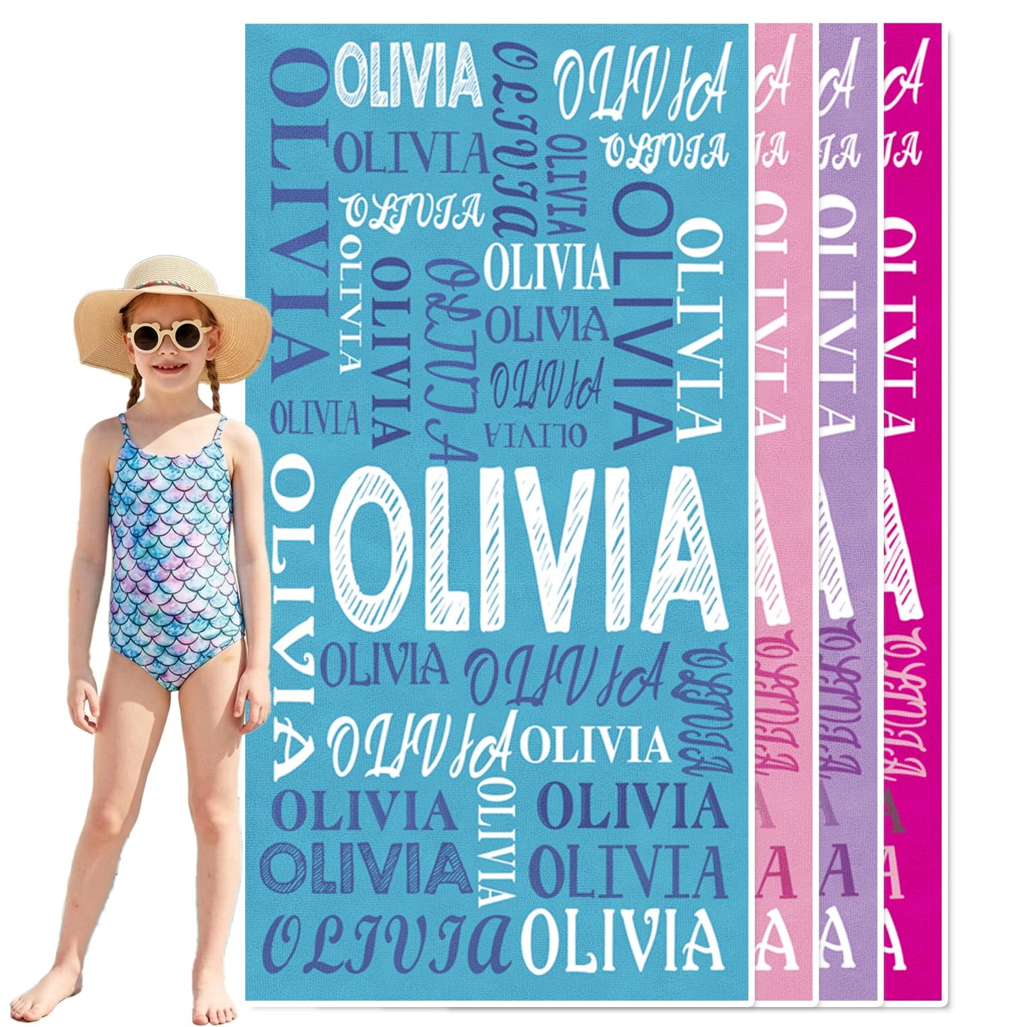 Jecivila Personalized Beach Towel with Name, Custom Microfiber Beach Towels for Kids & Adults, Sand Free Quick Dry Oversized Bath Towel for Pool Swim Travel Camping Summer Vacation Birthday Gift
