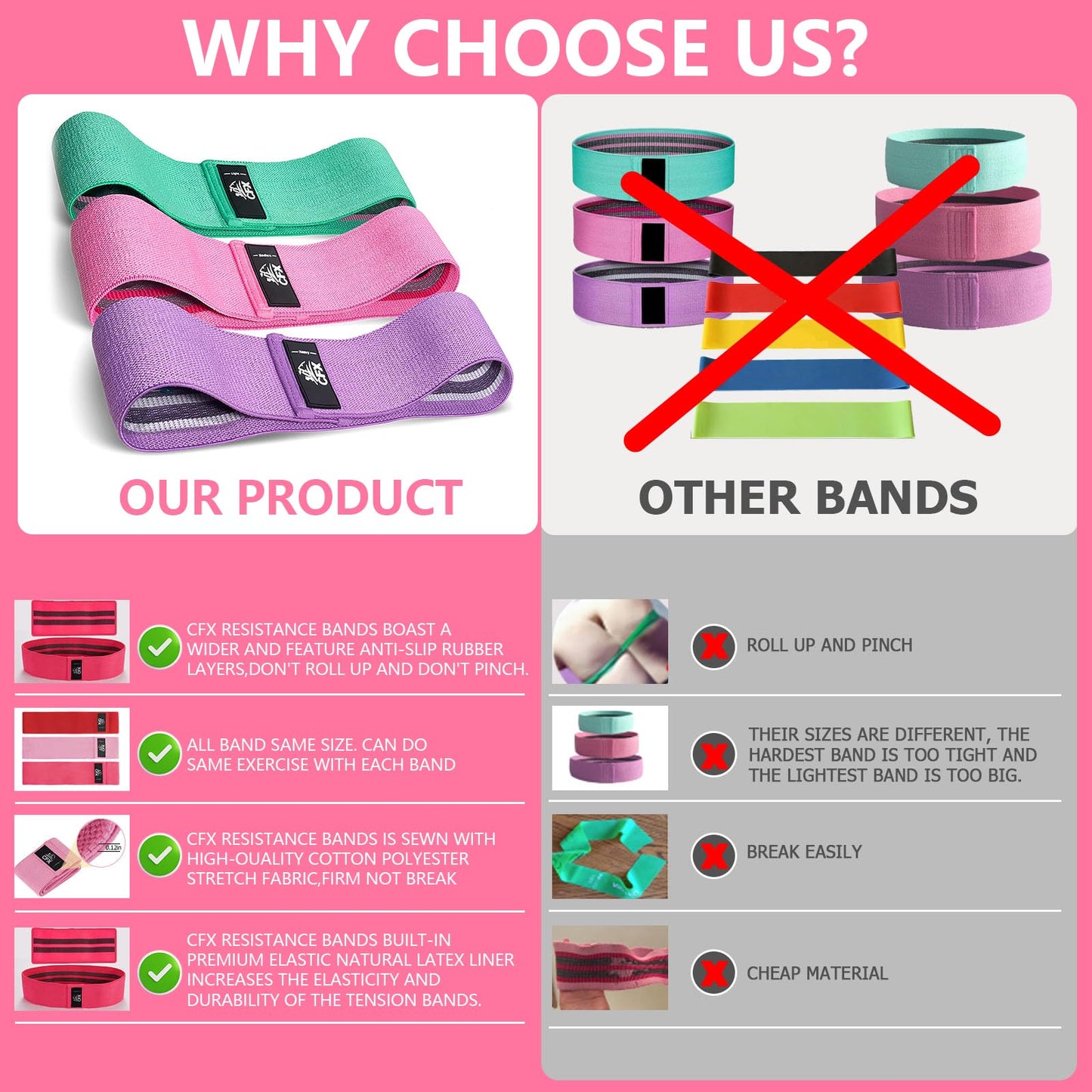 CFX Resistance Bands Set, Exercise Bands with Non-Slip Design for Hips & Glutes, 3 Levels Workout Bands for Women and Men, Booty Bands for Home Fitness, Yoga, Pilates