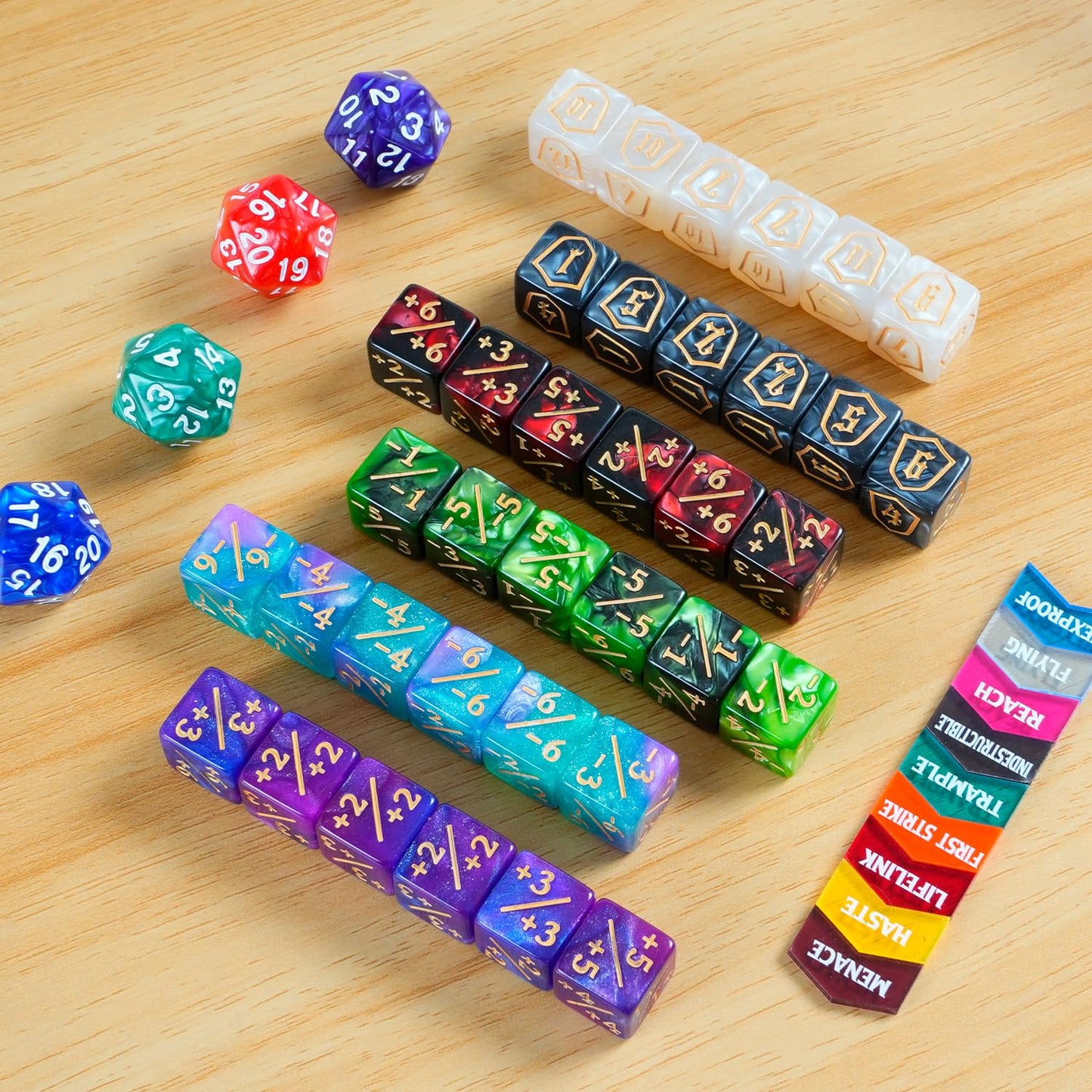 100 Pieces MTG Dice Keyword Counter Set Life Counter Game Tokens for Magic The Gathering Includes 36 Acrylic Keyword Counters +1/-1 Dice, Shield Dice, D20 Spindowns, Velvet Bags & Storage Box