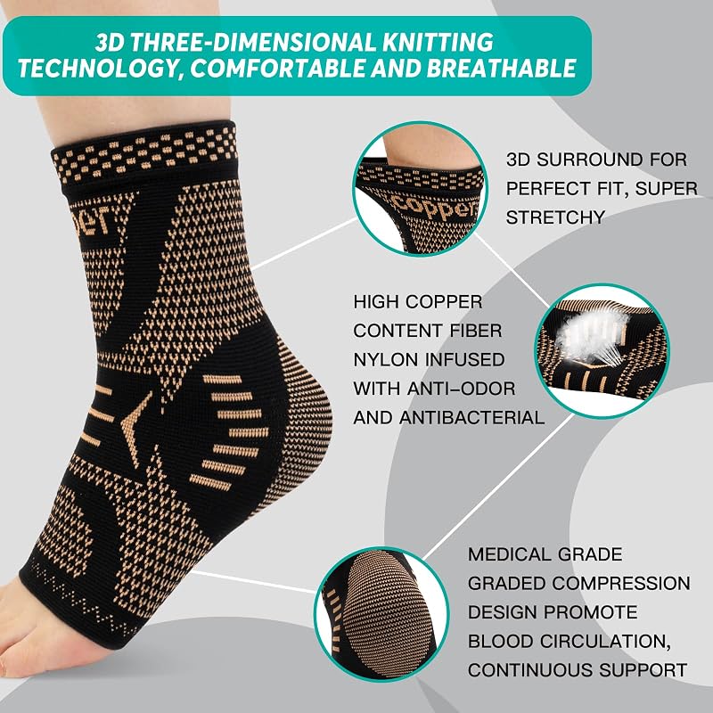 Ankle Brace for Sprained Ankle - Copper Infused Compression Sleeve 2 Pack, 2XL, Black