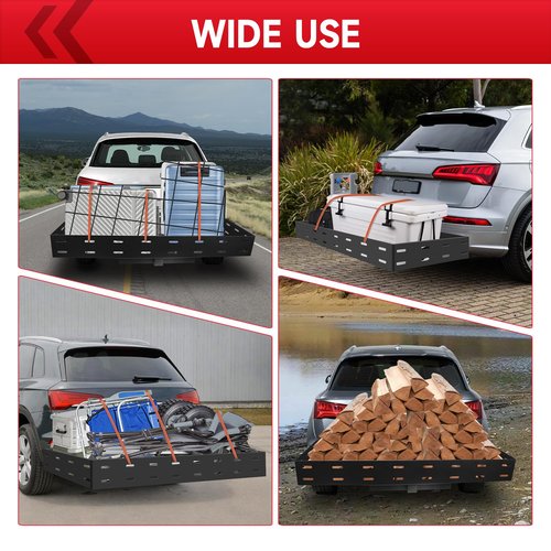 ROADGIVE 46"x20"x5" Foldable Hitch-Mount Cargo Carrier, 400 lbs Capacity, Carbon Steel Trailer Hitch Basket for SUV, Truck, Car with Net & Ratchet Straps