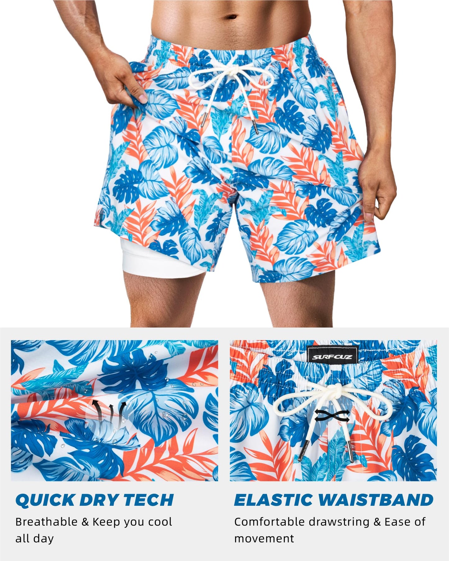 SURF CUZ Mens Swim Trunks with Compression Liner Quick Dry Swim Shorts 7" Swimming Trunks Stretch Zipper Pockets Multi-Colored Leaves Small