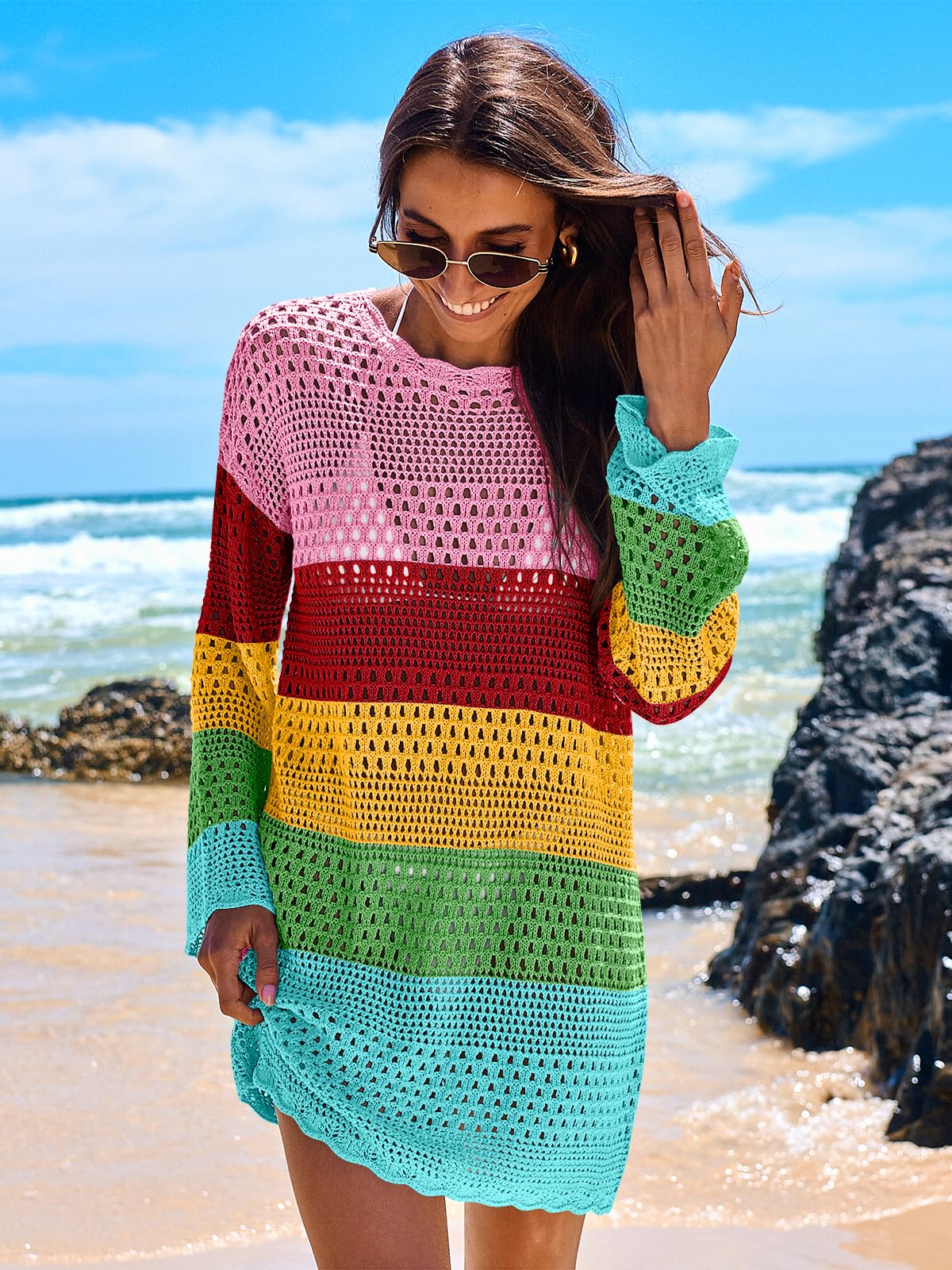 ANRABESS Women Swimsuit Crochet Swim Cover Up 2026 Summer Bathing Suit Swimwear Mesh Knit Beach Dress Vacation Outfits Rainbow Stripe X-Large