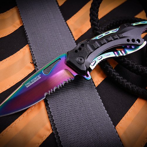 Tac-Force Folding Pocket Knife, 3.25-inch Serrated Rainbow Blade, Black Aluminum Handle, 7.75-inch Overall Length TF-705RB