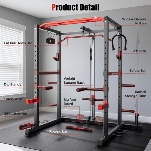 Sportsroyals Power Rack, Multi-Functional Power Cage with LAT Pulldown Pulley System, Squat Rack with More Training Attachments for Home Gym (RED)，1200 lbs Weight Capacity