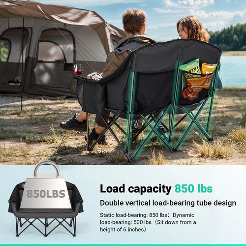 Overmont Oversized Double Camping Chair - 2 Person Comfort Couch Chair Loveseat for Adults - Heavy Duty Lawn Chairs with Cooling Bag&Wine Racks - Support 850LBS Black