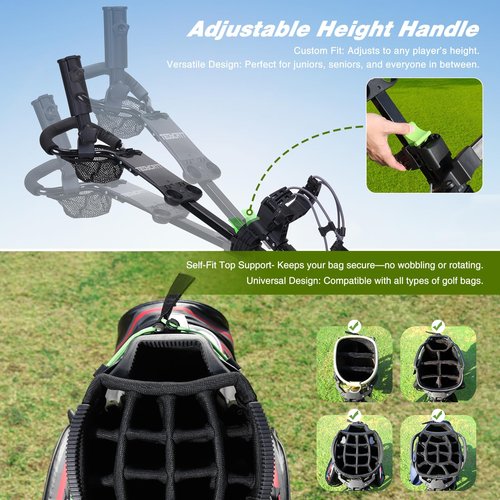 Tedycatt Swivel 3 Wheel Golf Trolley: Quick Fold 360 Push Golf Cart with Cooler Bag, Foot Brake, Drink& Umbrella Holder,Green