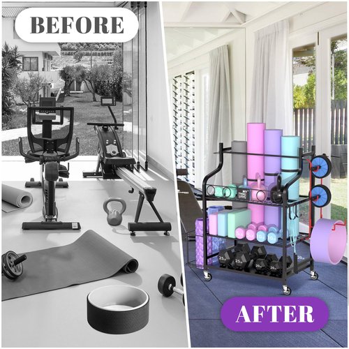 Mythinglogic Yoga Mat Storage Racks for Home, Gym Rack for Dumbbells Kettlebells Foam Roller, Yoga Strap and Resistance Bands, Workout Equipment Organizer With Hooks and Wheels