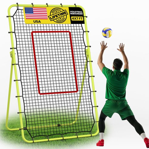 CHAOBING 7x4 FT Volleyball Rebounder Net, 5-Angle Adjustable with Steel Frame & High-Tension PE Netting, for Lacrosse, Baseball, Soccer Practice Perfect for Setting, Spiking, and Bumping (Green)