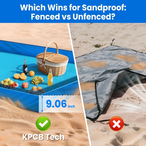 KPCB Tech Beach Blanket Sandproof Waterproof with Fence, 10' x 9' Sand Proof Beach Mat with 4 Weighted SandBags, Portable & Durable Extra Large Sand Free Mats