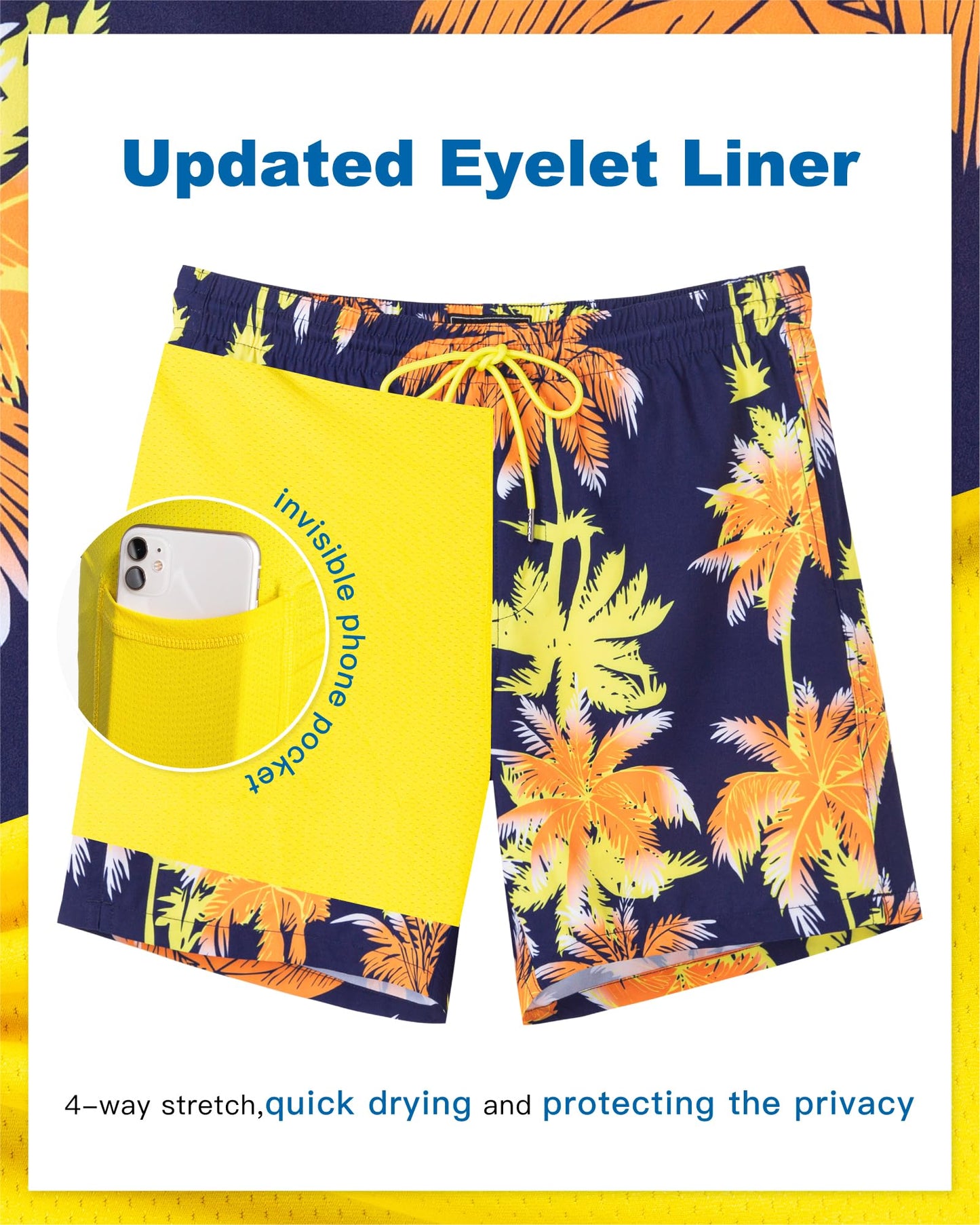 SURF CUZ Mens Swim Trunks with Compression Liner Quick Dry Swim Shorts 7" Swimming Trunks Stretch Bathing Suit Zipper Pockets,05 Sunshine Palmetto,XL