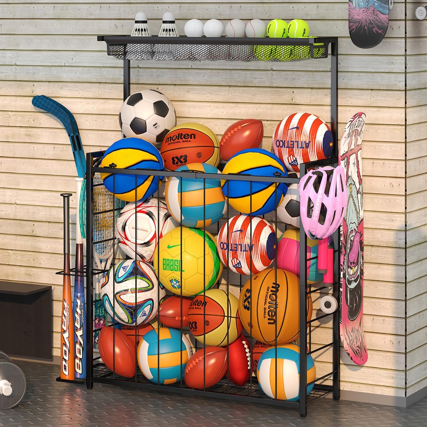Large Sports Equipment Organizer, Garage Storage Ball Rack with Elastic Straps and 3 Hooks, Outdoor Toy Organizer Stand, Garage organization Storage Rack for Basketball, Football, Soccer, Volleyball
