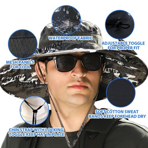Solar Fan Hat,Wide Brim Solar Fan Outdoor Fishing Hat,Men Sun Hat with 2 Solar Fan Fishing Hats,3 Speed Adjustable Fans Hats (US, Alpha, One Size, Black and White)