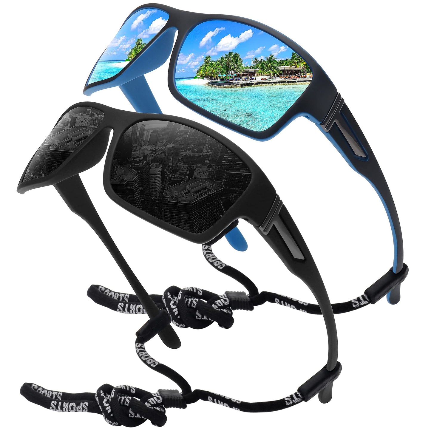 STORYCOAST Polarized Sports Sunglasses for Men Women Unbreakable Frame Cycling Fishing Driving Matte Clear Gray Frame-Blue Mirror Lens