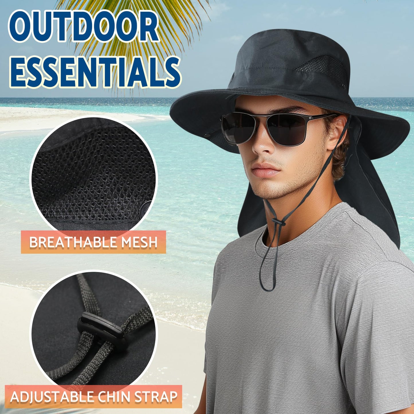 NPJY Sun Fishing Hats with Neck Flap for Men Women UV Sun Protection Safari Hat Wide Brim Bucket Hat Pure Grey