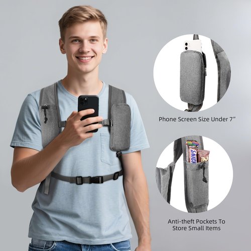 ESDLKH Small Hiking Backpack with Detachable Front Phone Holder, Foldable Packable Back pack with Chest and Waist Strap, Lightweight Daypack for Women Men (Gray, 15L)
