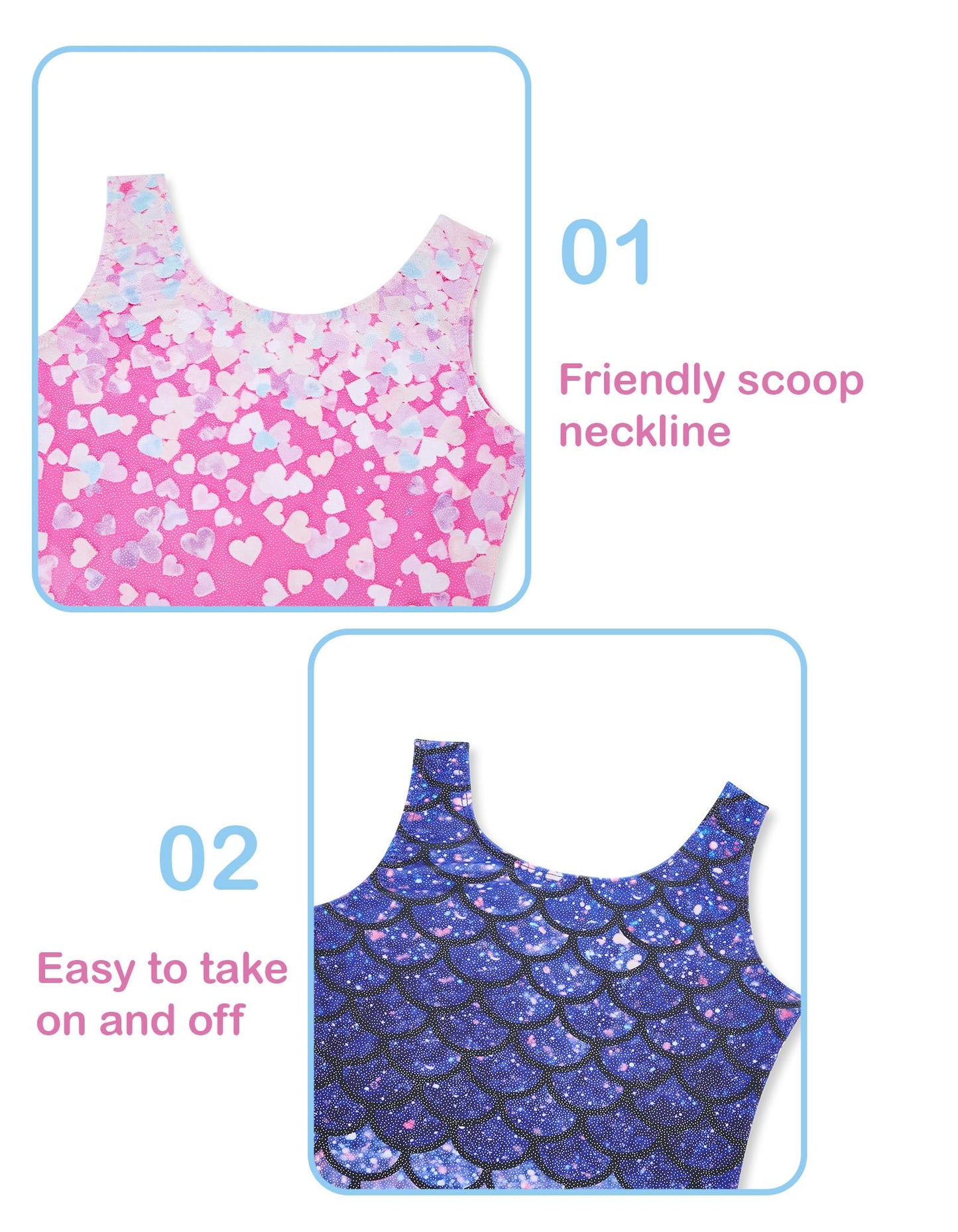 Tstiti Gymnastics Leotards for Girls 2 Pack Sparkly Kids Biketards Dance Unitards Matching Hair Scrunchies Heart Mermaids 4-5 T