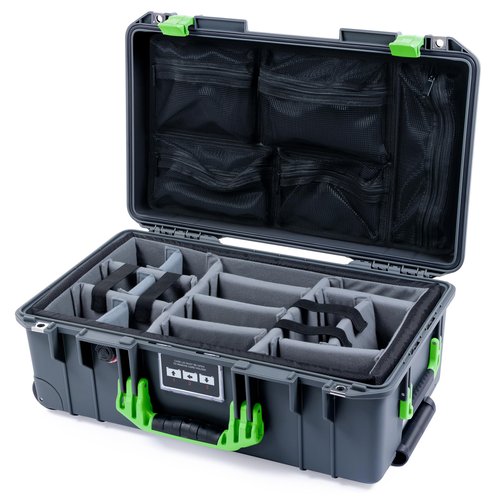 ColorCase Pelican Air 1535 Carry-on Case Graphite - Medium Size Waterproof Case with Gray Padded Microfiber Dividers & Mesh Lid Organizer - Lime Green Handles & Latches