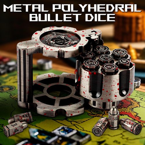 HTSHO Bullet Dice Set Revolver, 7 in 1 Unique Metal DND Spinning Dice, Polyhedral Dice Set for Dungeons and Dragons (Silver)