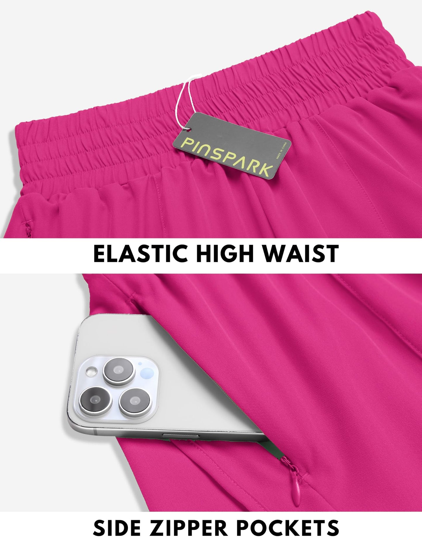 PINSPARK Summer Running Shorts Women Athletic Workout Gym Short Quick Dry Elastic High-Waist Sports Shorts with 2 Pockets and Panty Liner, Hot Pink, Medium