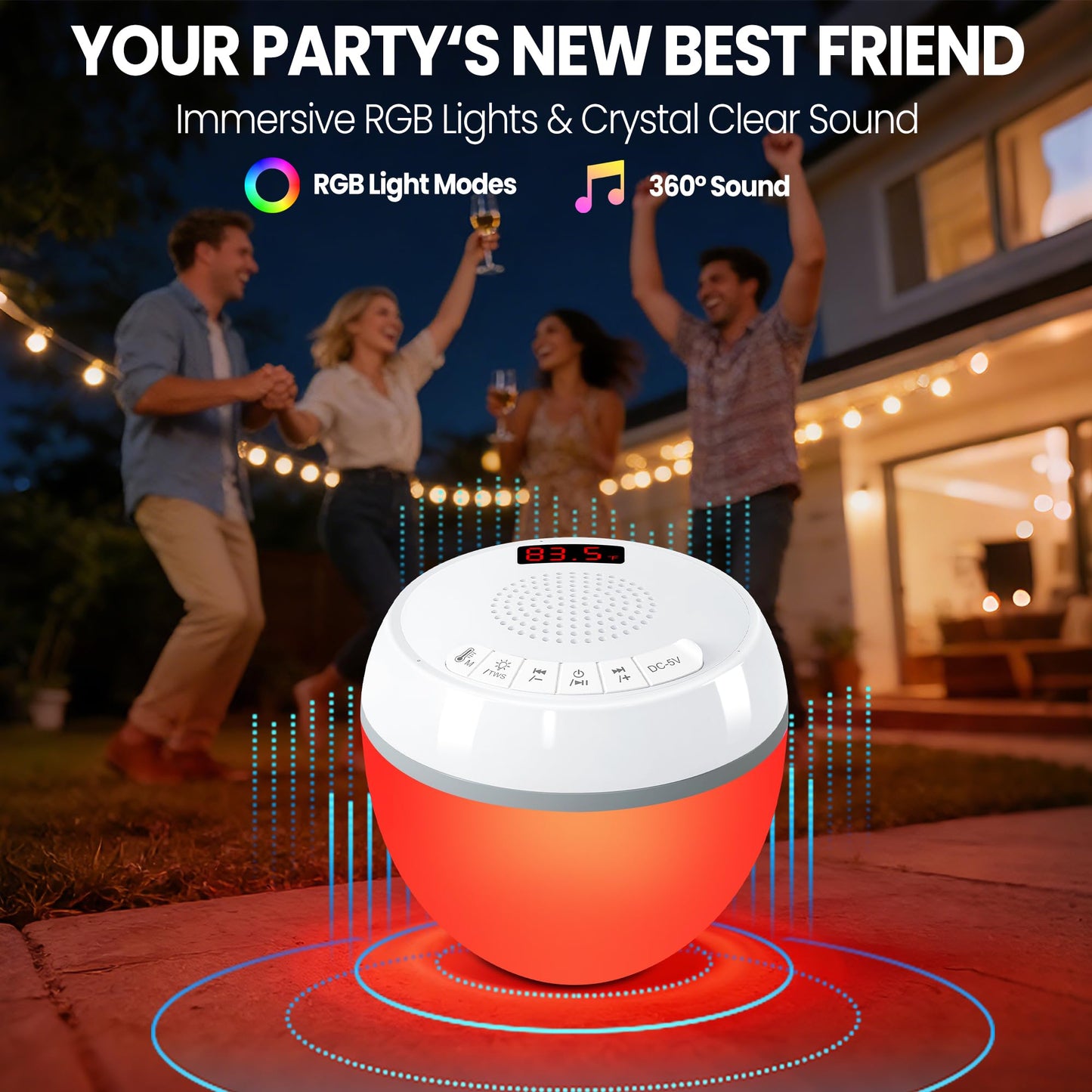 AearKing 3in1 Floating Pool Speaker with Digital Pool Thermometer,Bluetooth Pool-Speaker with Colorful Lights,TWS Hot Tub Speaker Waterproof IP68 Pools-Speaker,BT5.0 Bluetooth Speaker for Pools-White