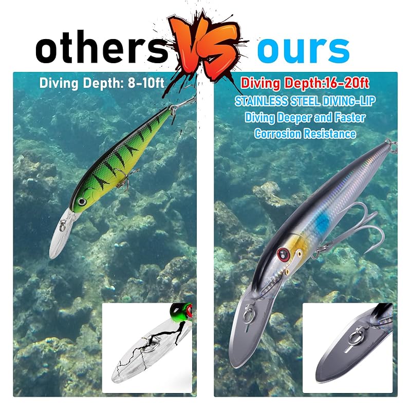 Dr.Fish 7.5in Deep Diving Saltwater Lure with VMC Treble Hooks - 13-20ft Depth, Silver Black - 1 Pack