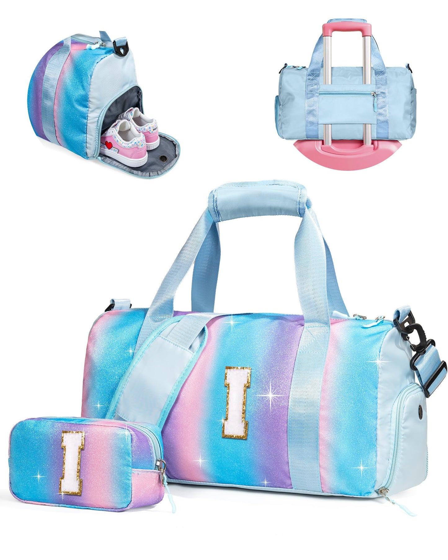 Vogewood Birthday Gifts for Granddaughter-Girl Gym Bag with Shoe Compartment, Kid Personalized Weekender Overnight Bags, Initial Travel Tote with Makeup Pouch Valentine's Day Gift for Kids (Letter I)