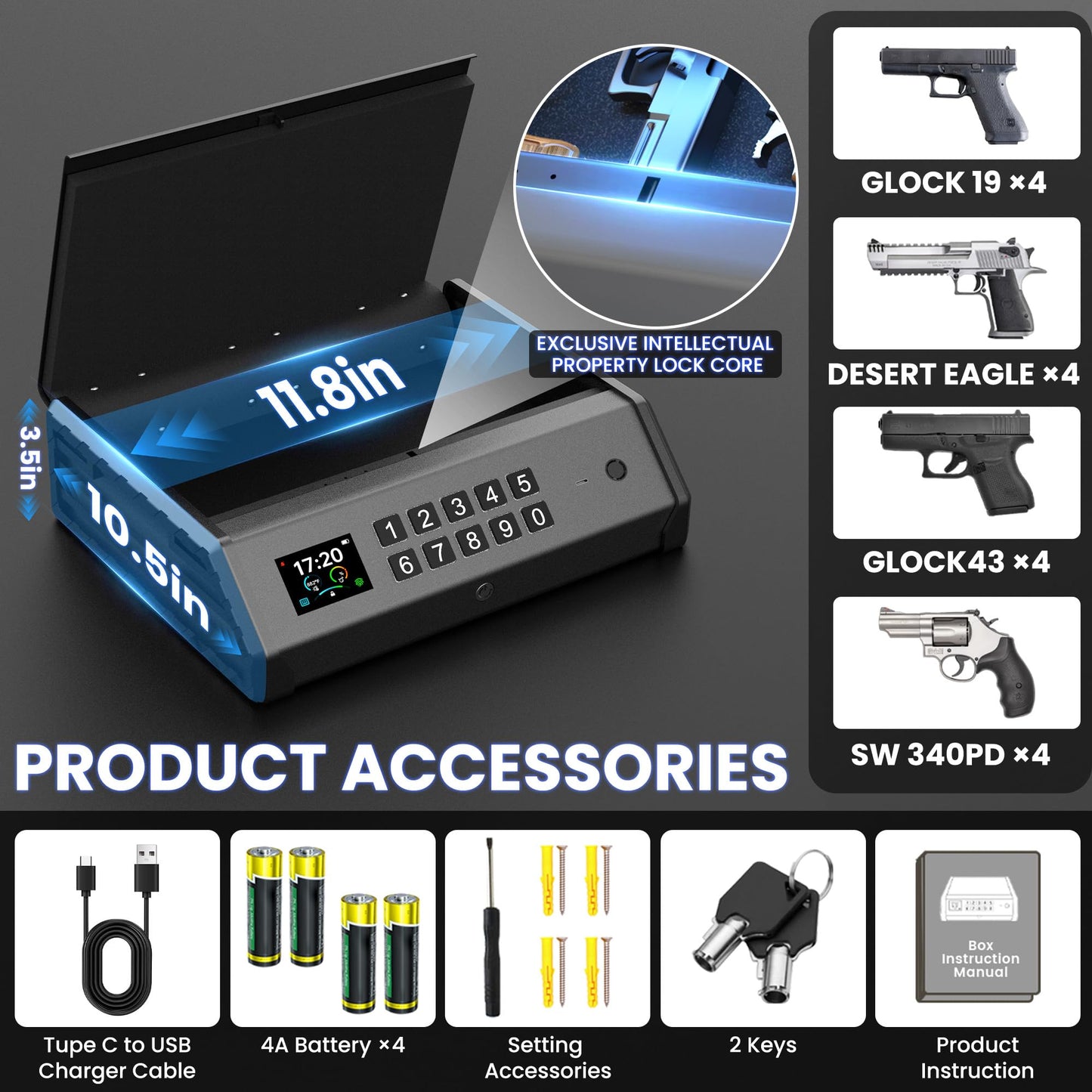 Gun Safe,3 Ways Biometric Pistol Safe with LCD Display of Temperature Humidity USB Port, Emergency Power Supply Gun Lock Box for Home Bedroom Bedside Nightstand and Car