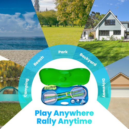 Portable Badminton Net Set Lightweight All-Plastic No-Tool Assembly with 4 Foam Handle Rackets & Nylon Shuttlecocks Carry Case with Cup Holder, Ideal for Backyard, Beach & Park Outdoor Game, Green